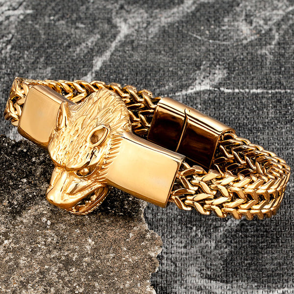 Pulsera de acero inoxidable con eslabones de cadena de lobo dorado para hombre