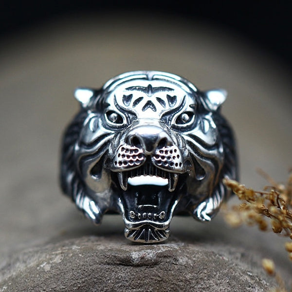 Anillo de tigre de acero inoxidable para hombre, color dorado y plateado, con detalles de animales, estilo motero