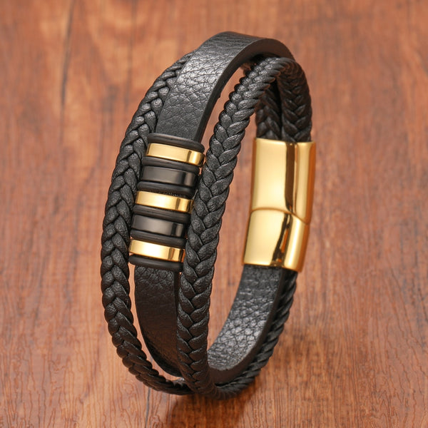Nueva pulsera punk multicapa de cuero genuino para hombre