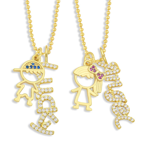 Gold Plated Bead Chain Cute Boy and Girl Necklace Copper CZ Rhinestone Necklace