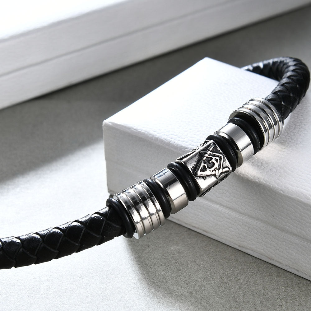 Leather Masonic Freemason Bracelet Braided Magnet Bangle