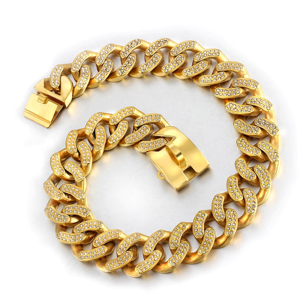 Collar para mascotas de acero inoxidable, color dorado, con cadena cubana, para entrenamiento y paseo de perros.