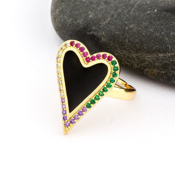 Anillos de corazón ajustables de cobre y circonita cúbica en 3 colores para mujer.