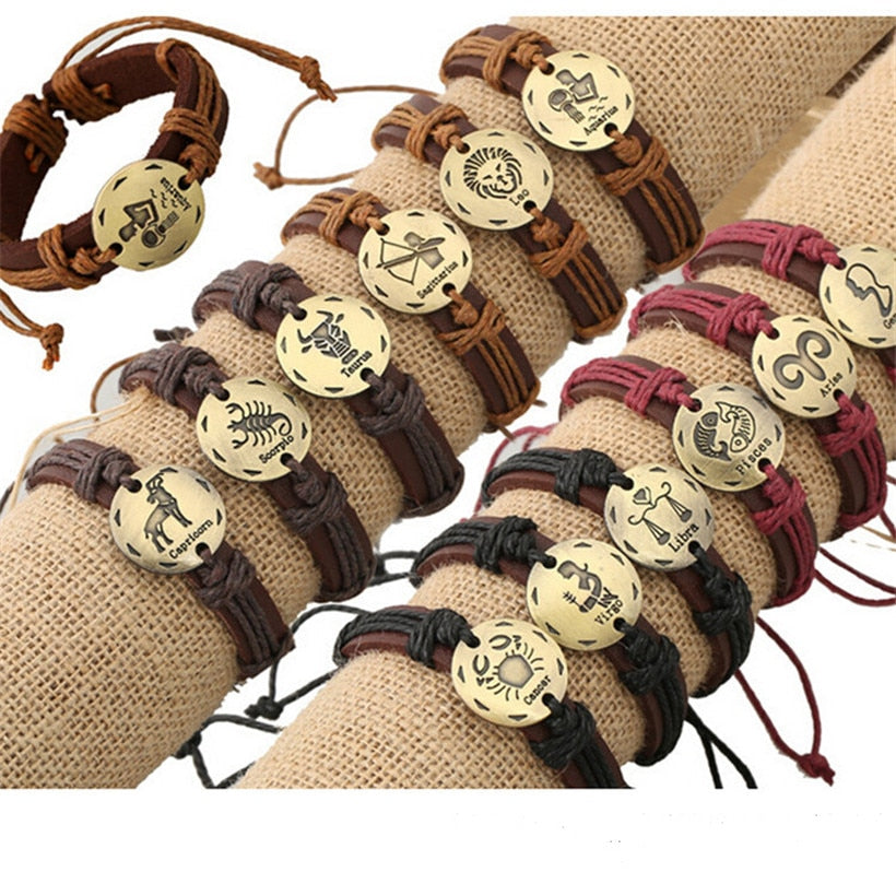 12pcs/lot Fashion 12 Zodiac Signs Leather Bracelet