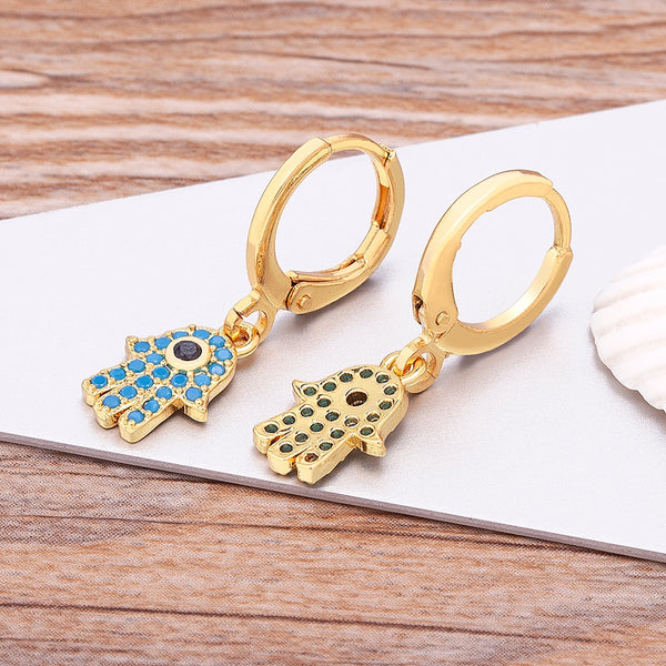 Pendientes de aro con forma de corazón de palma y ojo malvado, 14 estilos, cobre, circonita, arcoíris