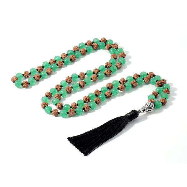 Rudraksha  Green Aventurine Beaded Knotted 108 Mala Necklace