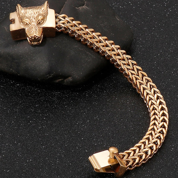 Luxury Gold Plated Stainless Steel Man Bracelet With Skull Wolf Lion Head Men's Bracelets