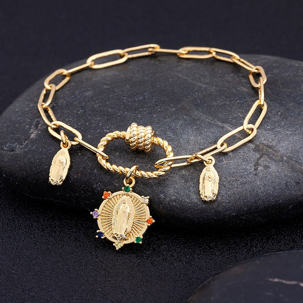 Pulsera de cadena con colgante de la Virgen María, colgante de cristal colorido, novedad