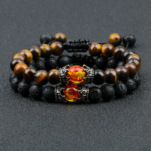 2 pulseras con dijes de corona de ojo de tigre para hombre, brazaletes de piedra de lava negra