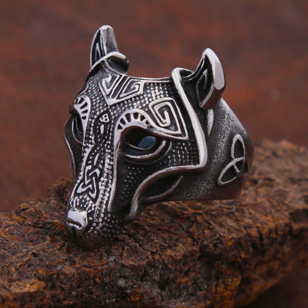Anillo vintage de lobo vikingo para hombre, de acero inoxidable, con nudo celta de la Trinidad.
