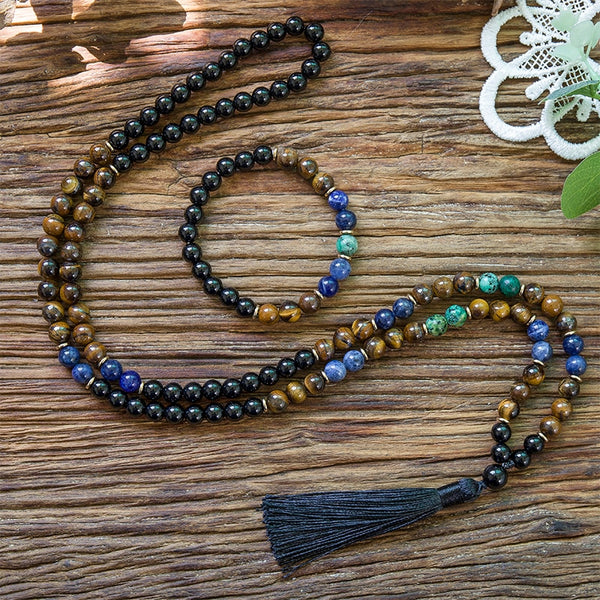 Collar Mala con cuentas de turquesa africana, ónix negro y ojo de tigre natural de 8 mm