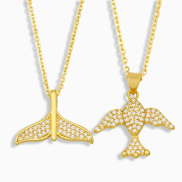 Gold Plated Whale Mermaid Tail Necklace For Women CZ Pave Rhinestone Fish Pendant Necklace