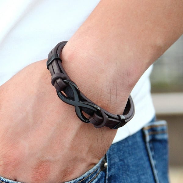 Pulsera de cuero de acero inoxidable con logotipo de infinito y patrón popular especial para hombres