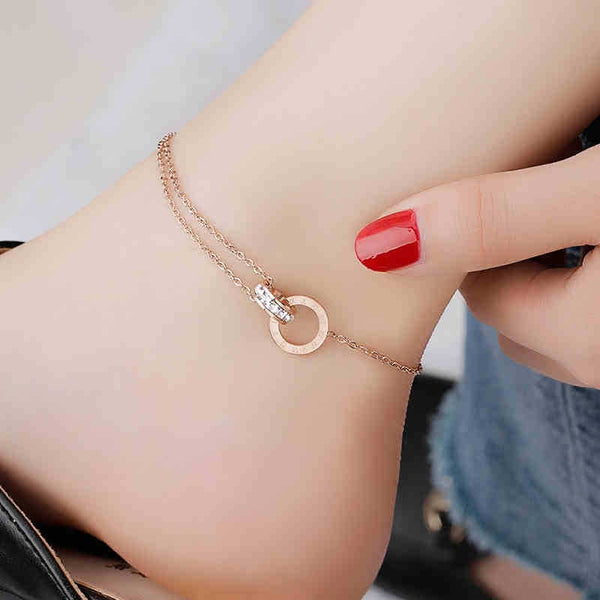 Pulsera tobillera de acero inoxidable en oro rosa para mujer