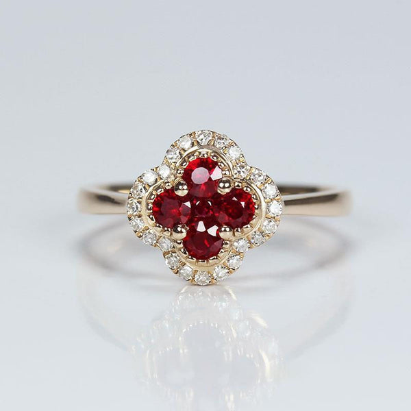 New Design Silver Diamond Ruby Four Leaf Flower Adjustable Ring