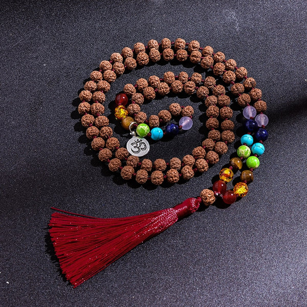 Collar Mala con 108 cuentas de Rudraksha originales anudadas de 7 chakras