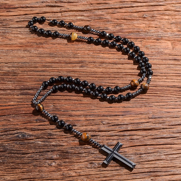 Black Onyx Yellow Tiger Eyes Beaded Catholic Christian Cross Pendant Necklace