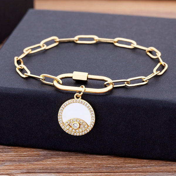 Nuevo diseño de moda de cobre con circonitas y colgante de pulsera de la suerte contra el mal de ojo