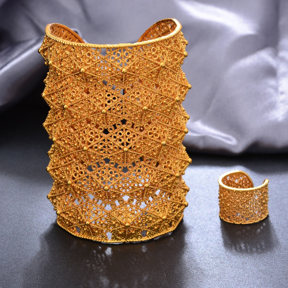 Big Bride 24k Gold Color Dubai Bangles For Women Bijoux Africaine Dubai Bracelets With Ring