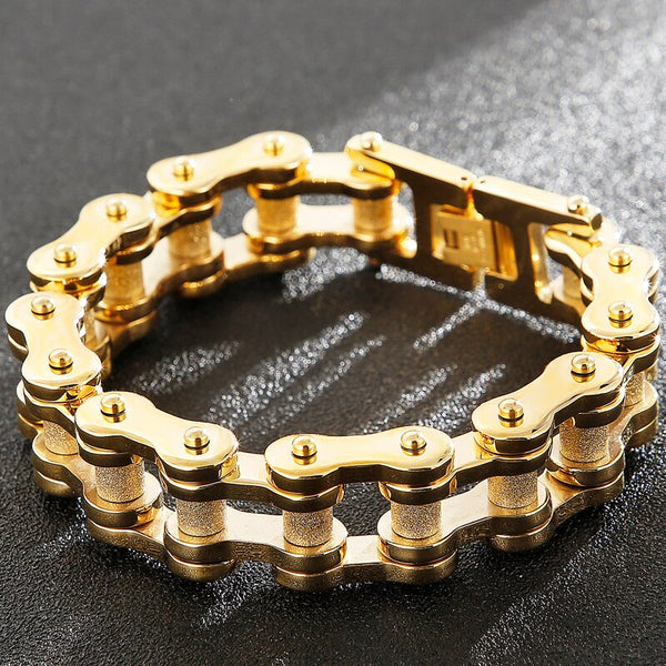 Pulsera de cadena de bicicleta Rock and Roll para hombre, de acero inoxidable chapado en oro.