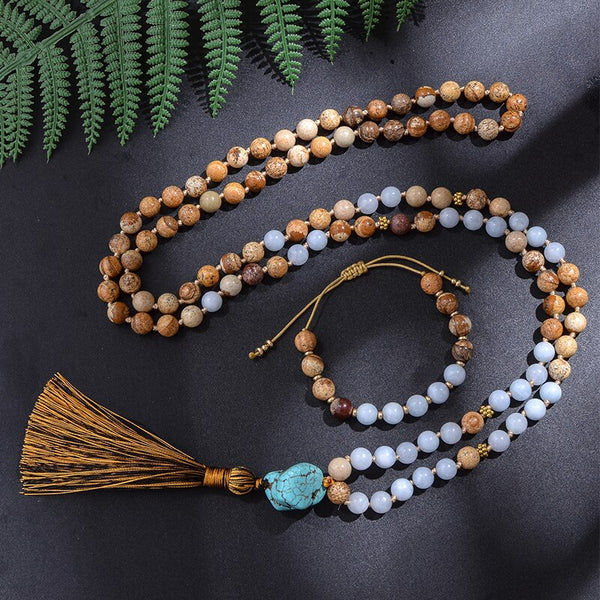 Conjunto de collar y pulsera de japamala anudada con cuentas de jaspe de 8 mm