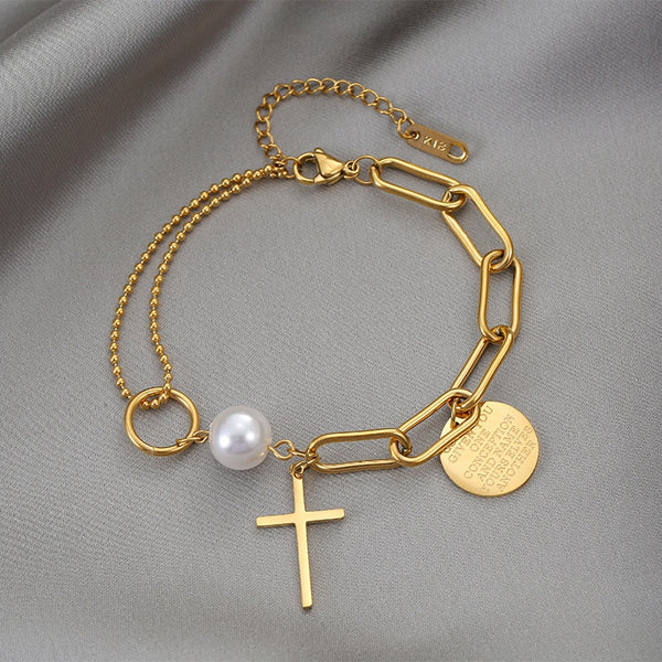 316L Stainless Steel Personalized Asymmetrical Chain Cross Pendant Metal Sweet Cool Pearl Bracelet