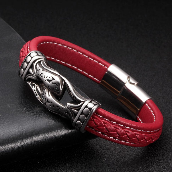 Pulseras de eslabones de cadena de acero inoxidable con esposas vintage y cuero genuino rojo.
