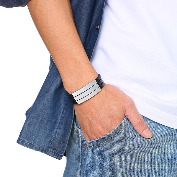 Pulseras de cuero negro multicapa para hombre