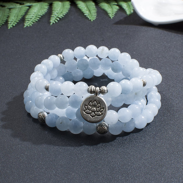 Pulsera Mala con cordón elástico de cuentas de aguamarina de 108 mm para meditación, yoga, curación, joyería para mujer