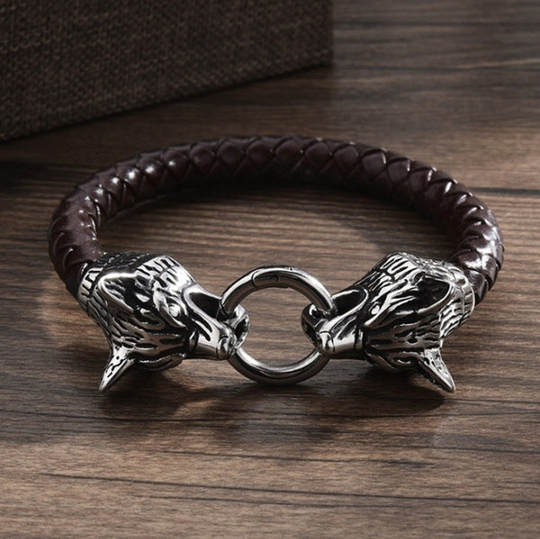 Black Leather Wrap Bracelet for Men Viking Metal Wolf Head Bangle