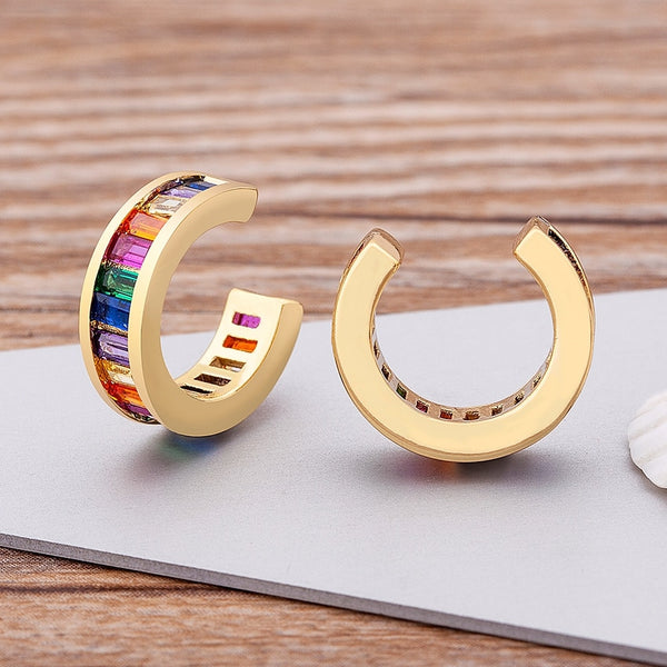 Pendientes clásicos de cobre con circonita cúbica y cristal, en forma de C, sin perforaciones