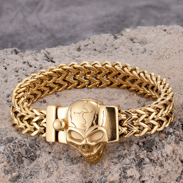 Pulsera de motociclista con eslabones de cadena y cabeza de calavera de acero inoxidable dorado para hombre