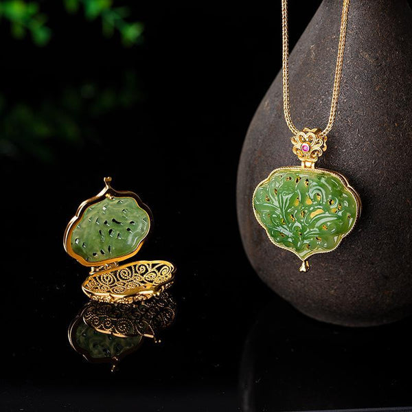 Colgante original nuevo de bolsita de filigrana tallada con incrustaciones de jade hetiano natural en plata