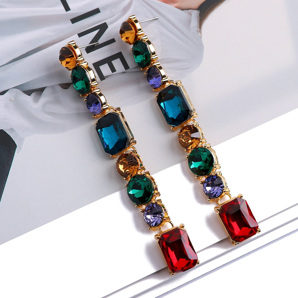 Colorful Geometric Crystal Glass Long Dangle Earrings For Women