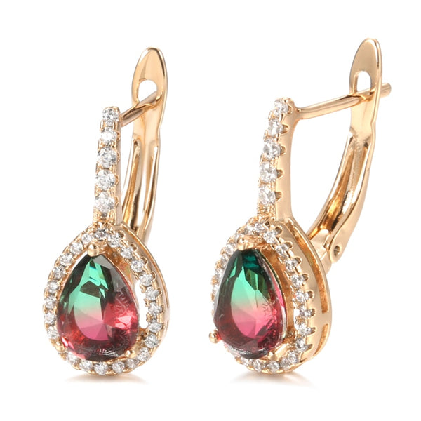 Pendientes vintage de oro rosa 585 con circonitas arcoíris y cristales de piedra natural para mujer