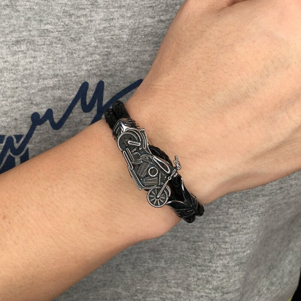 Creative Leather Woven Bracelet Metal Motorcycle Men Bracelet