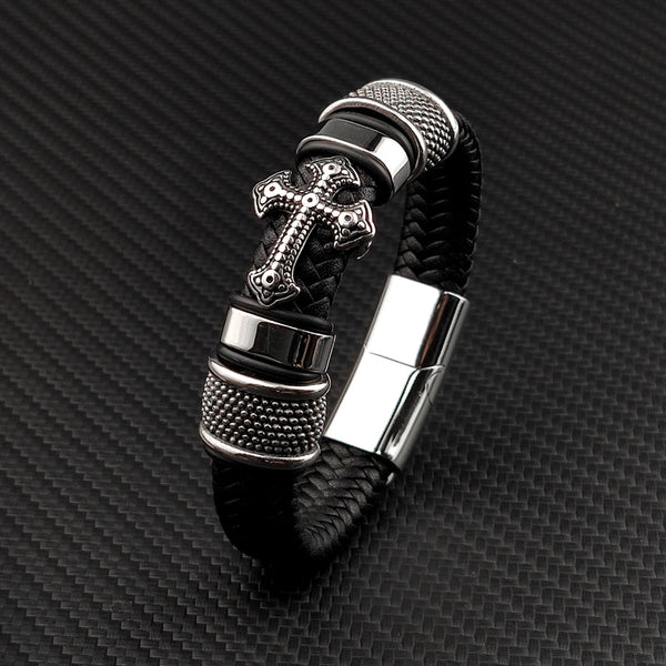 Punk MingAo Charm Stainless Steel Cross Leather Bracelet