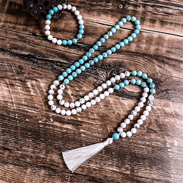 Collar Mala con cuentas de howlita turquesa azul natural de 8 mm