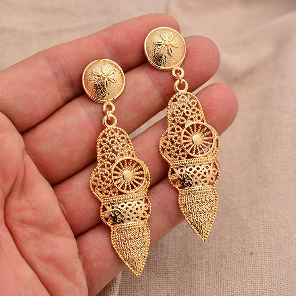 24K Fashion Dubai Gold Jewelry Gold Color Long  Earrings For Women