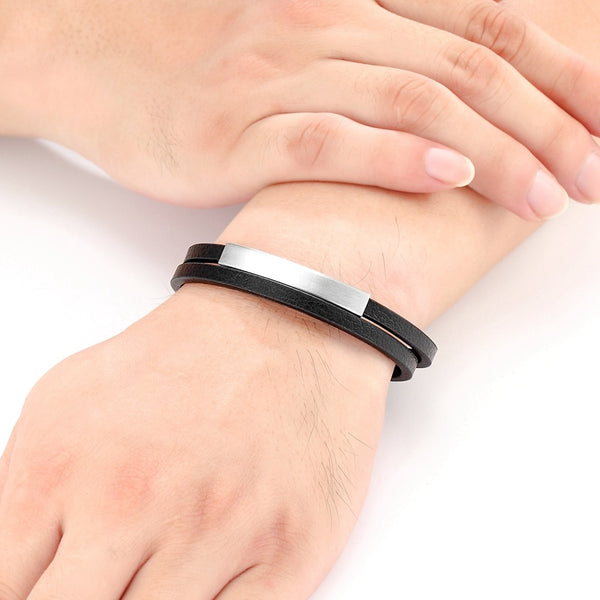 Pulsera clásica de cuero negro y acero inoxidable para hombre, estilo sencillo