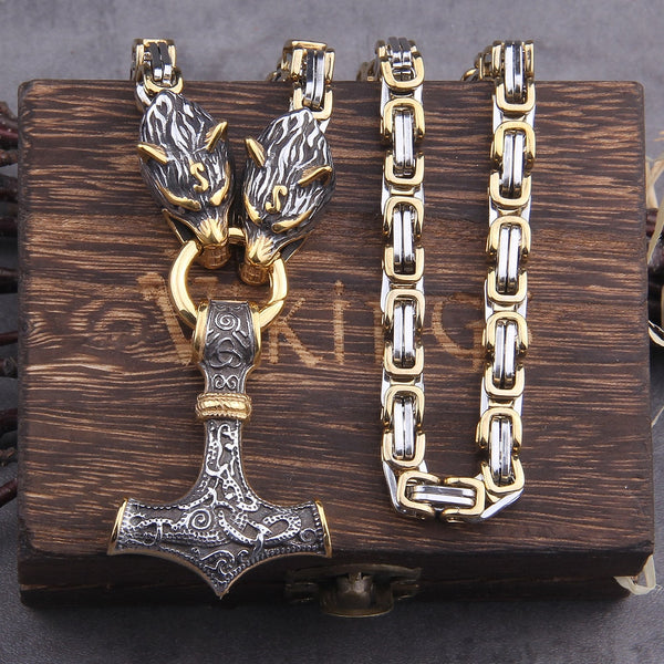 Colgante de martillo de Thor con amuleto vikingo nórdico con cabeza de lobo de acero inoxidable Never Fade Men