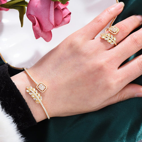 New Shell Feather Leaves 2PC Bangle Ring Set Jewelry Set For Women