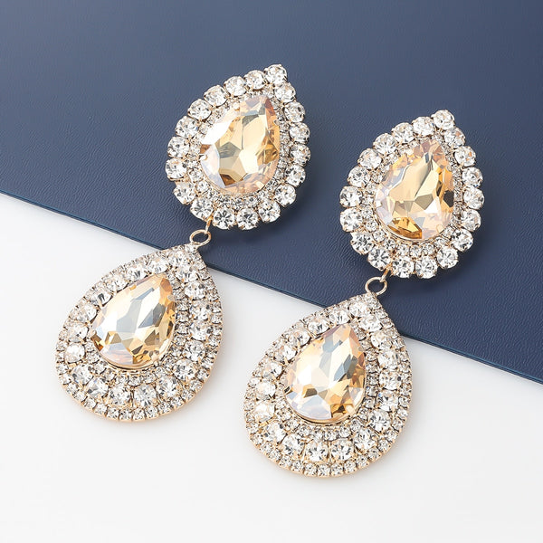 Pendientes de cristal con diamantes de imitación de metal y gotas de agua multicapa para mujer
