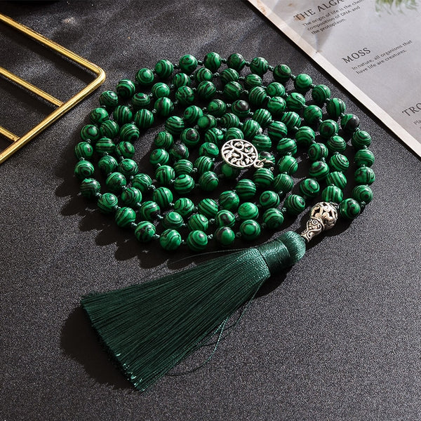 Collar Japa Mala 108 anudado con cuentas de malaquita de 8 mm