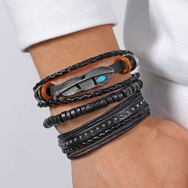 Pulseras vintage de cuero trenzado negro para hombre