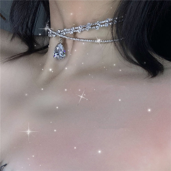 Shine Crown Crystal Choker Necklaces for Women Water Drop Pendant Necklaces