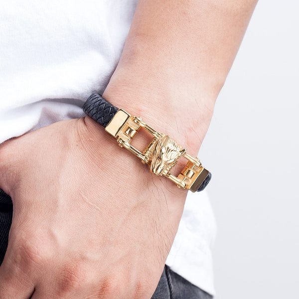 Luxury Men Bracelet Gold Lion Head Stainless Steel Leather Bracelets