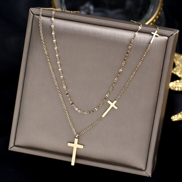 Collar de cruz de doble capa para mujer, gargantilla sencilla de cruz de doble capa