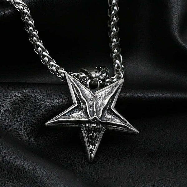 Collar con colgante de calavera satánica con pentagrama punk hip hop para hombre