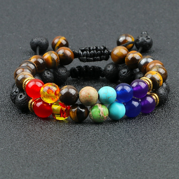 Juego de 2 pulseras de cuentas de lava negra de 7 chakras, piedra natural, ajustables, para yoga